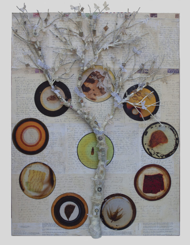 A white tree placed on top of old written letters.